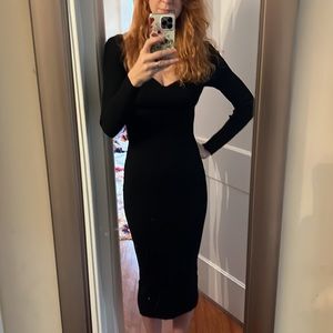 Mango Long Black Ribbed Stretch Knit Bodycon Dress with Long Sleeves Size S